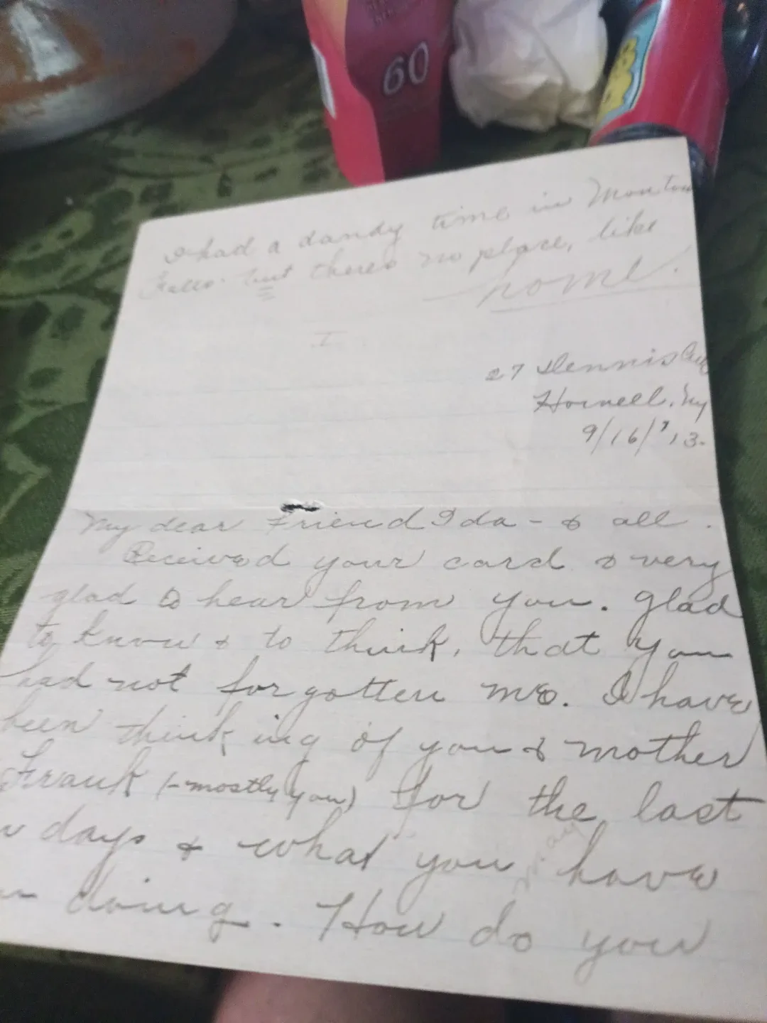 Handwritten Letter from Ida to friend, dated 9/16/13