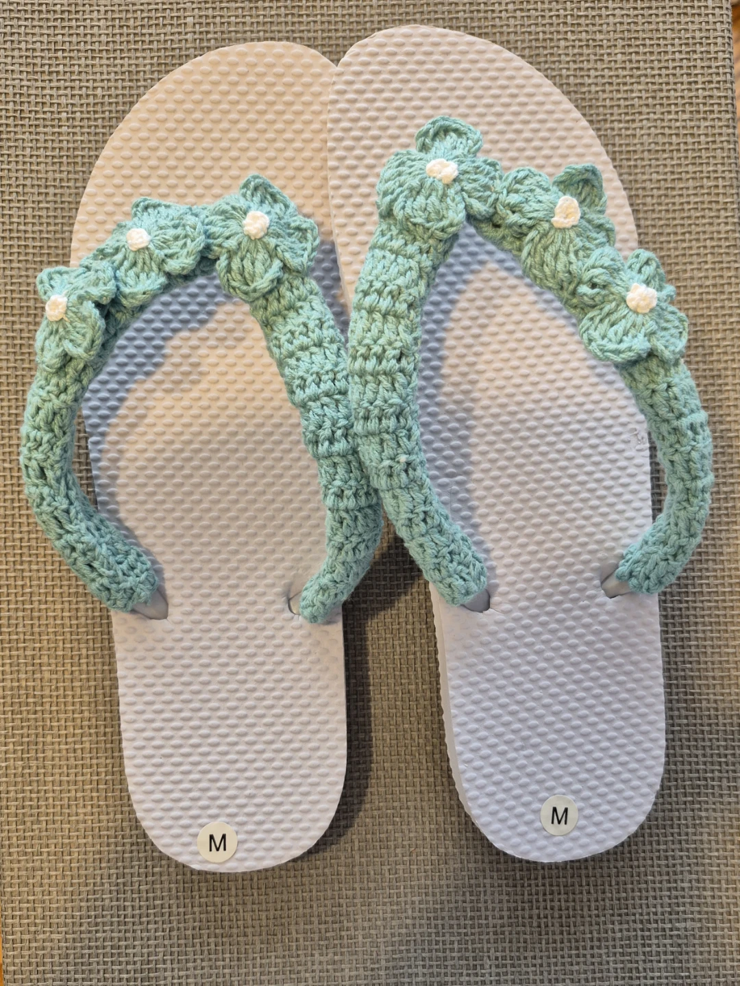 White Flip Flops with Mint Green Crochet Flower Straps - Size M