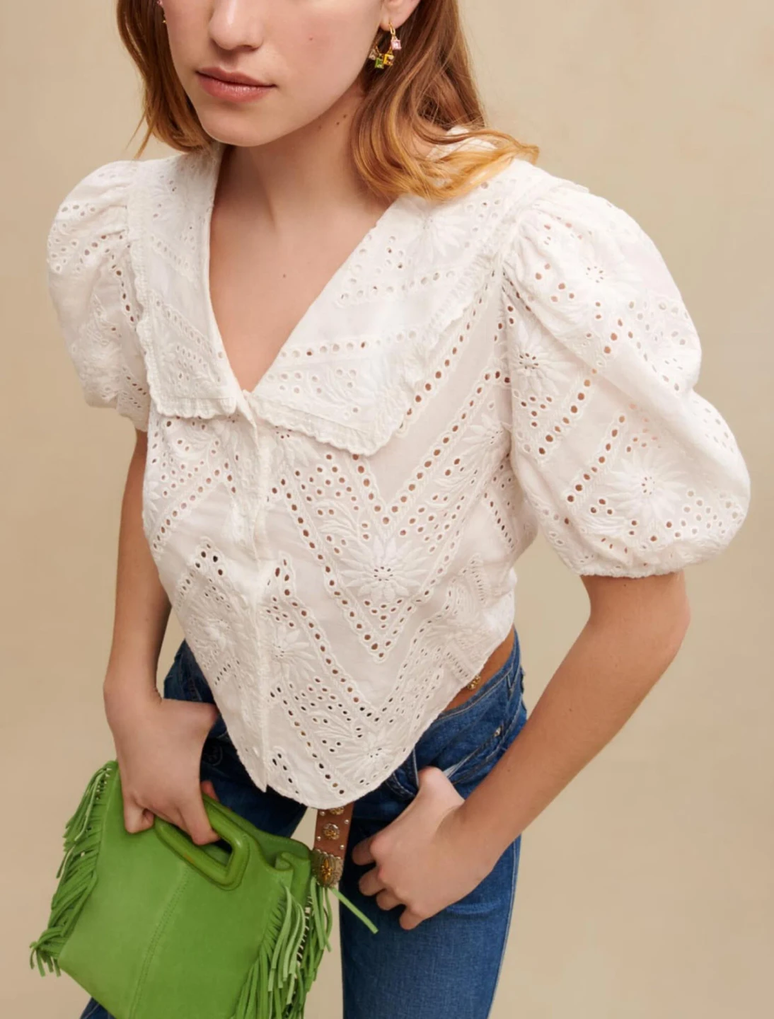 Maje White Broderie Anglaise Puff Sleeve Top