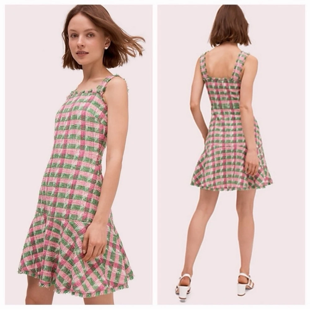 Kate Spade New York Pink & Green Plaid Tweed Dress Size 4