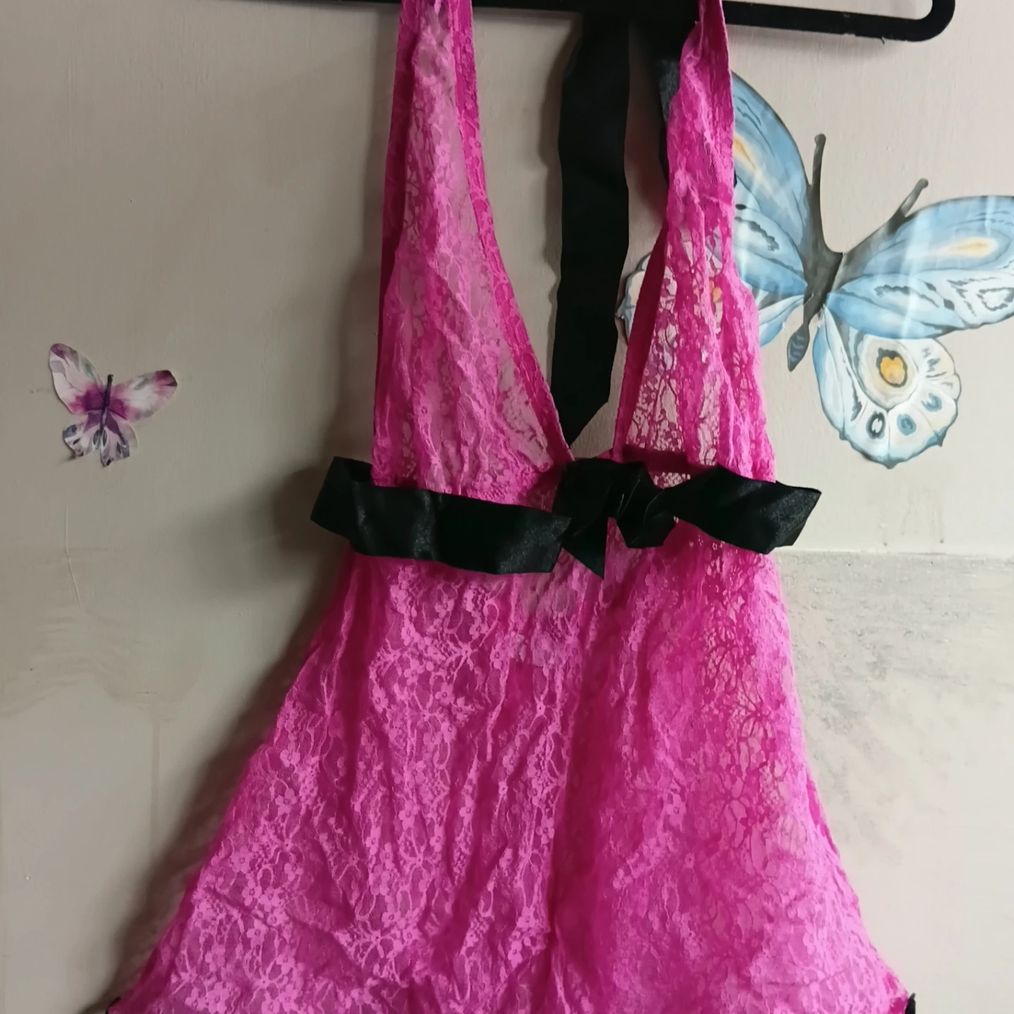 Pink Lace Halter Babydoll with Black Trim