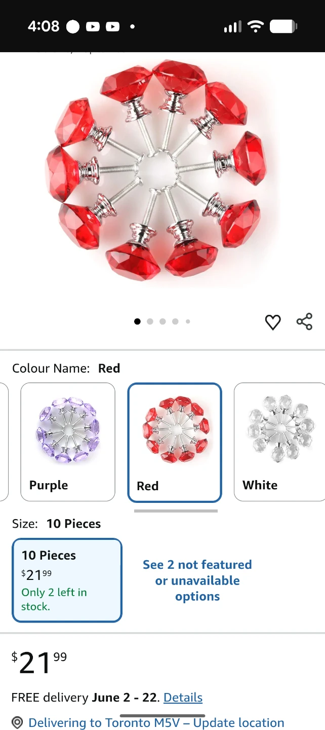 Set of 7 Red Crystal Drawer Knobs - photo 2