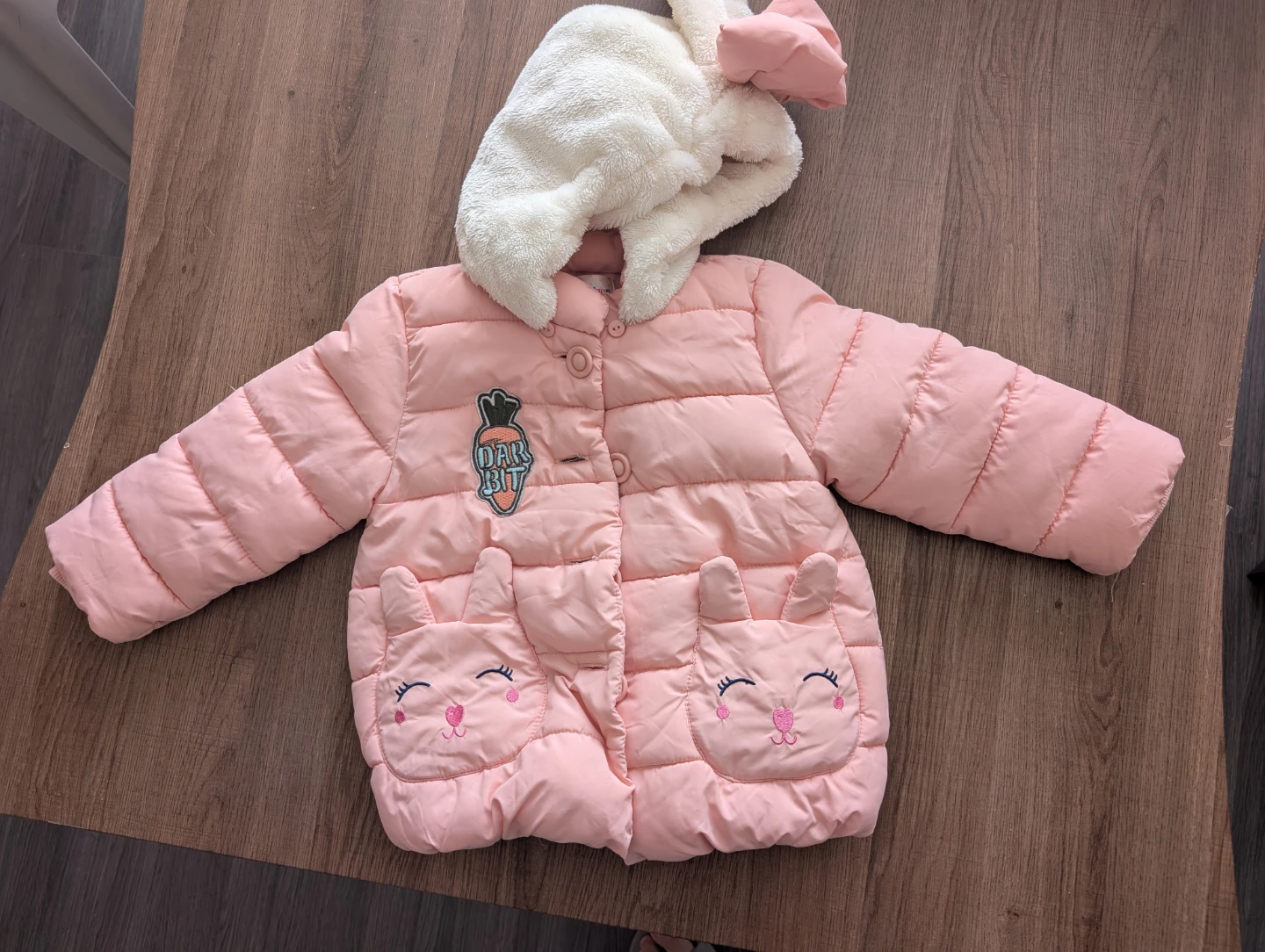 Kids' Pink Puffer Jacket with Bunny Hood and Grey Jeans Set