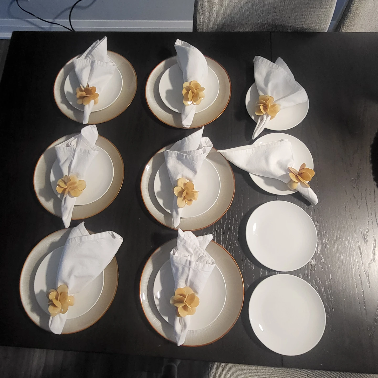 Set of 8 White and Gold Charger Plates with Napkins and Rings