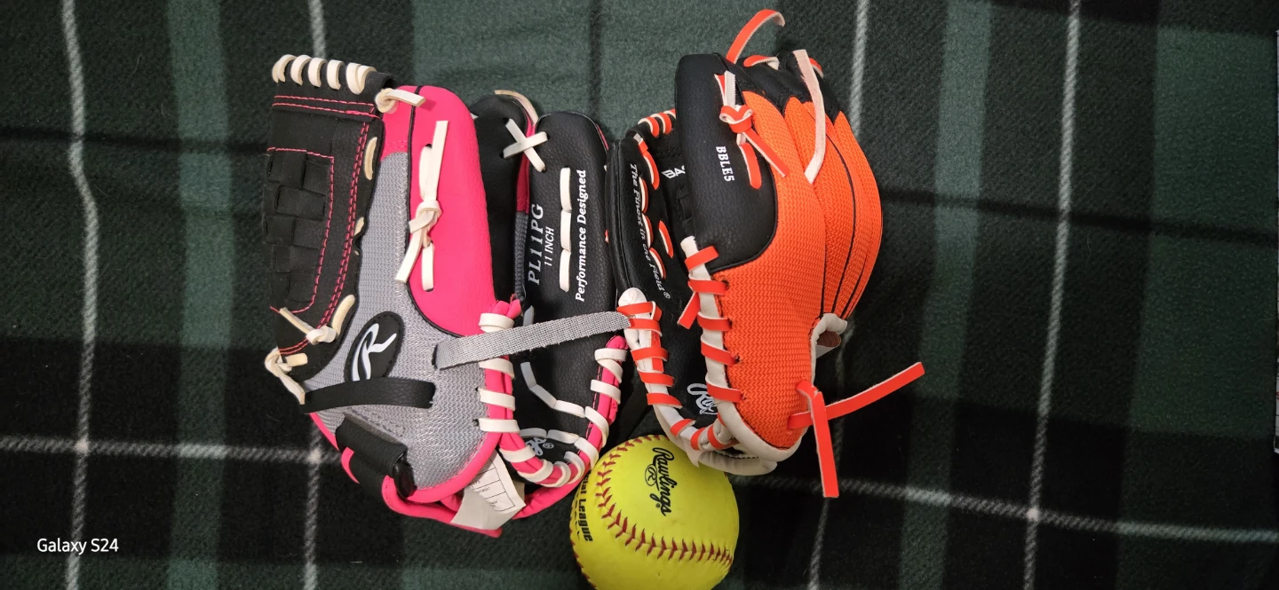 Rawlings Pink womens and Orange youth size ball gloves