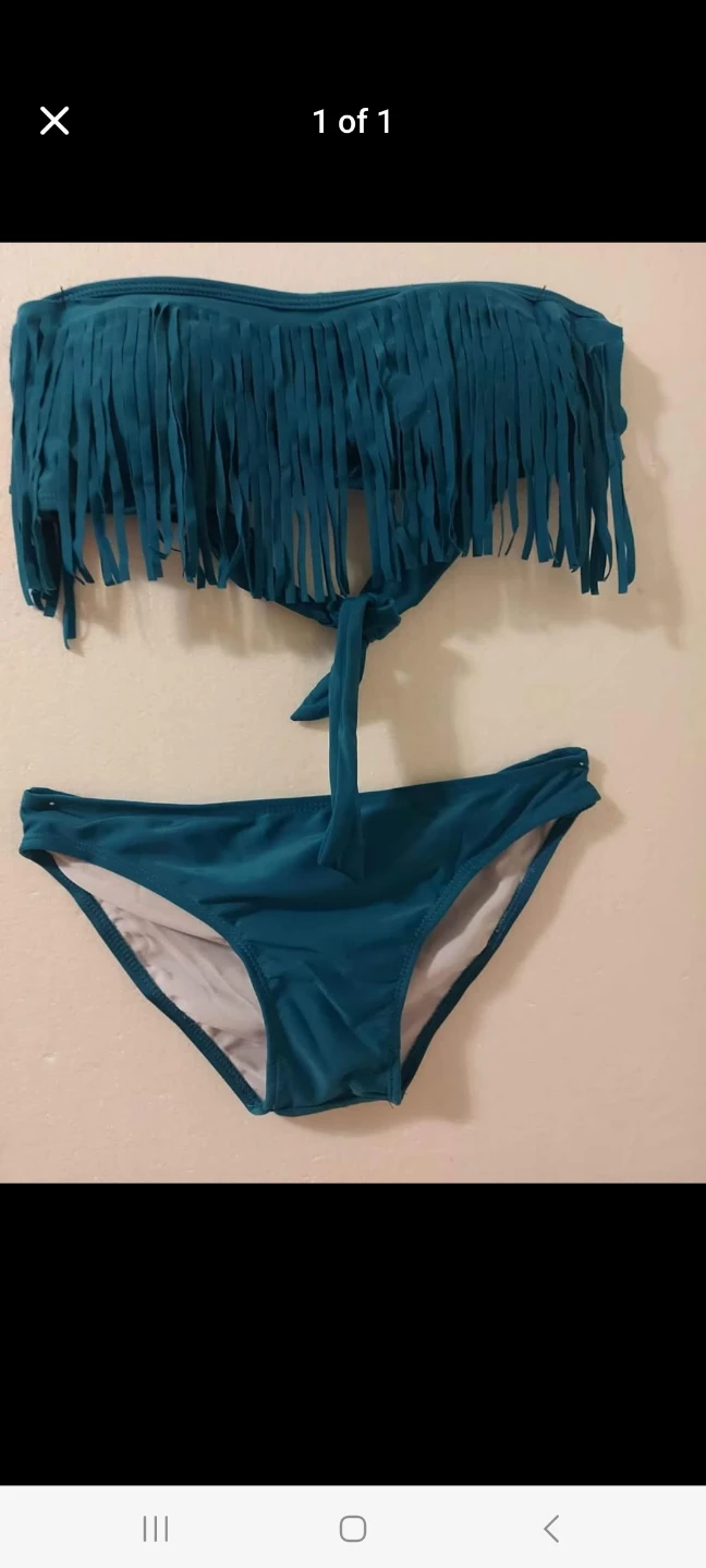Teal Blue Fringe Bandeau Bikini Set