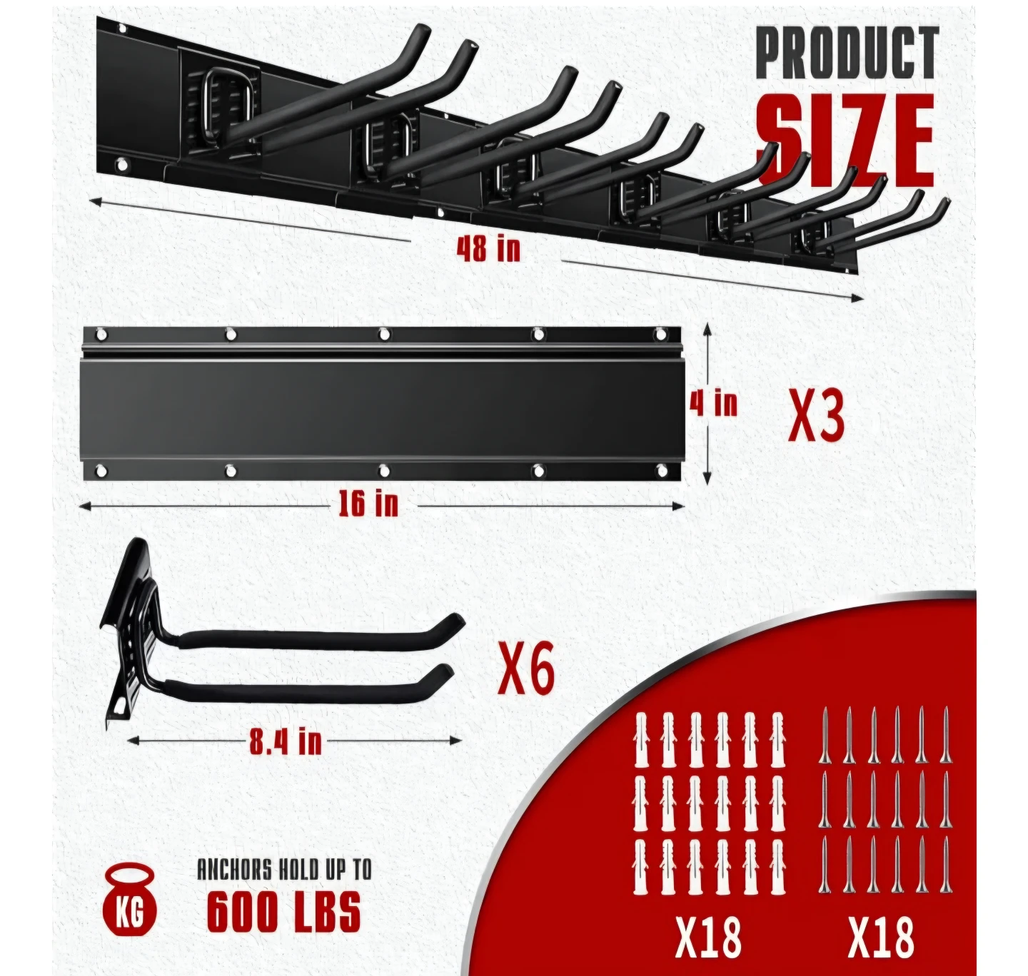 Heavy Duty Garage Storage Hook Set - 3 Racks, 6 Hooks - photo 3