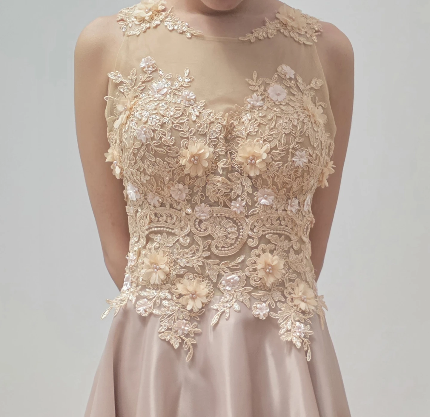 Beige Lace & Satin Party Dress - photo 3