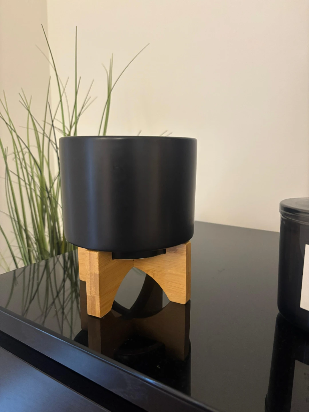 Black Ceramic Plant Pot with Wooden Stand