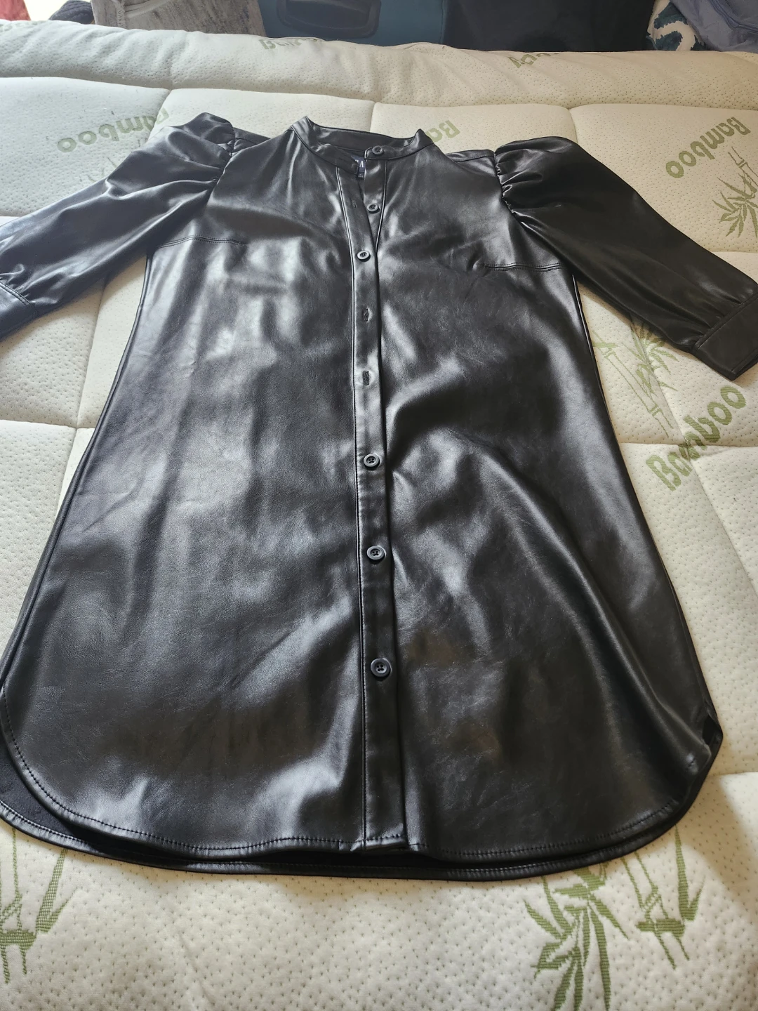 Black Faux Leather Dress with Puff Sleeves