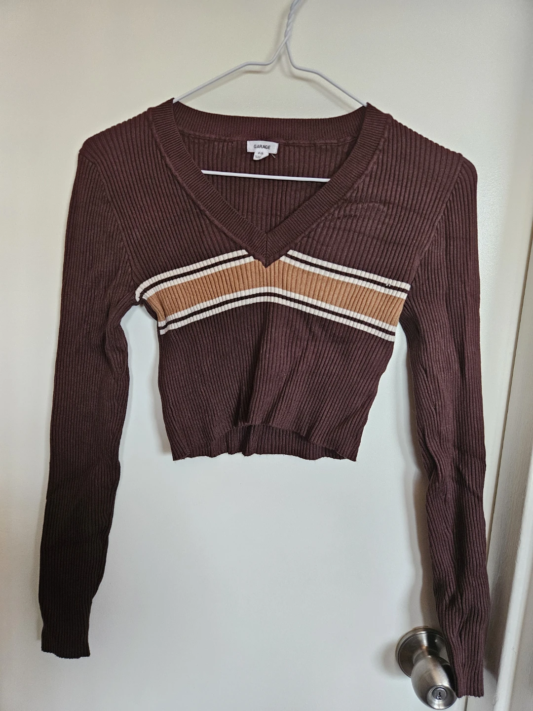 Garage Brown Ribbed Cropped V-Neck Sweater