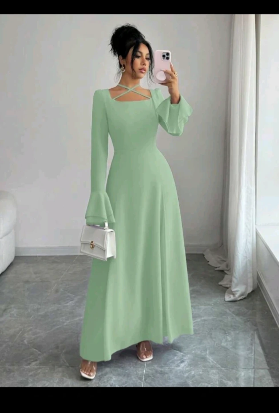 Mint Bell Sleeve Lace-Up Maxi Dress