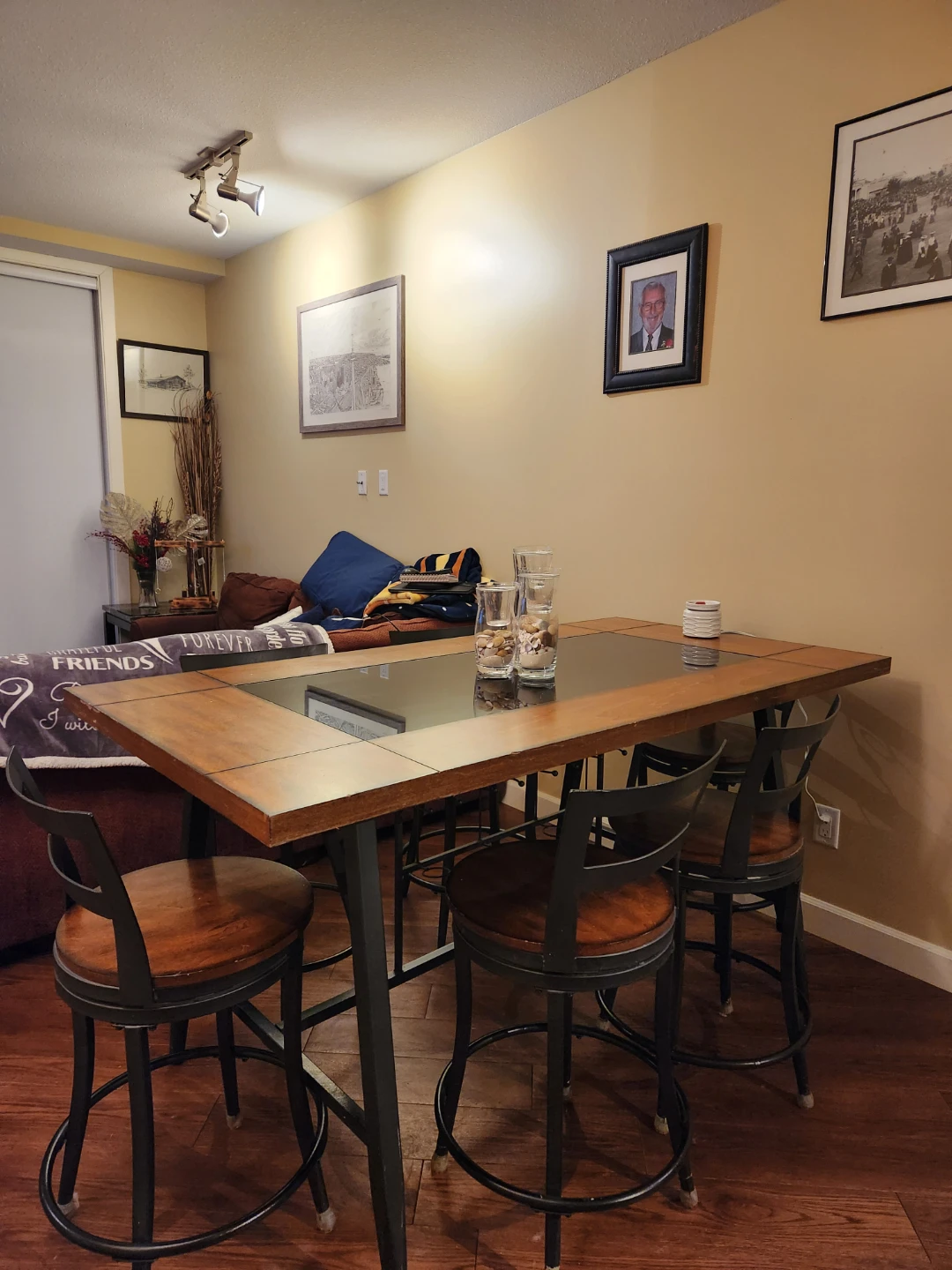 Rectangular bar height table with 6 chairs