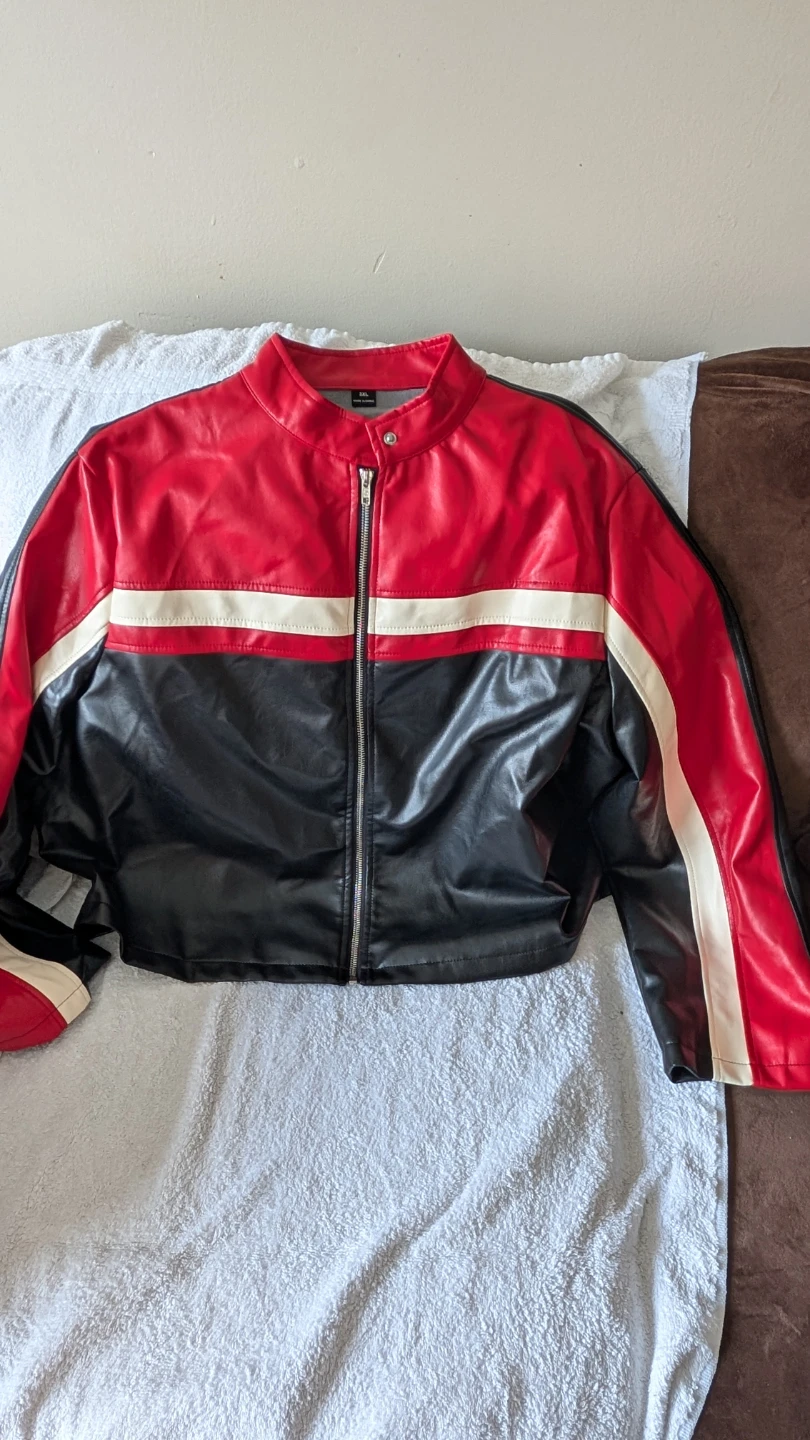 Red and Black Faux Leather Cropped Jacket