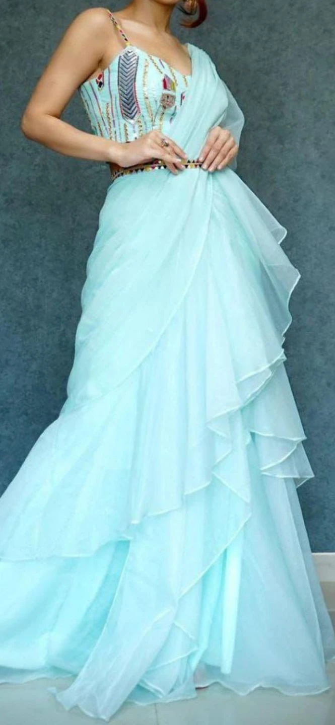 Light Blue lehenga Saree with Embellished Blouse - photo 2