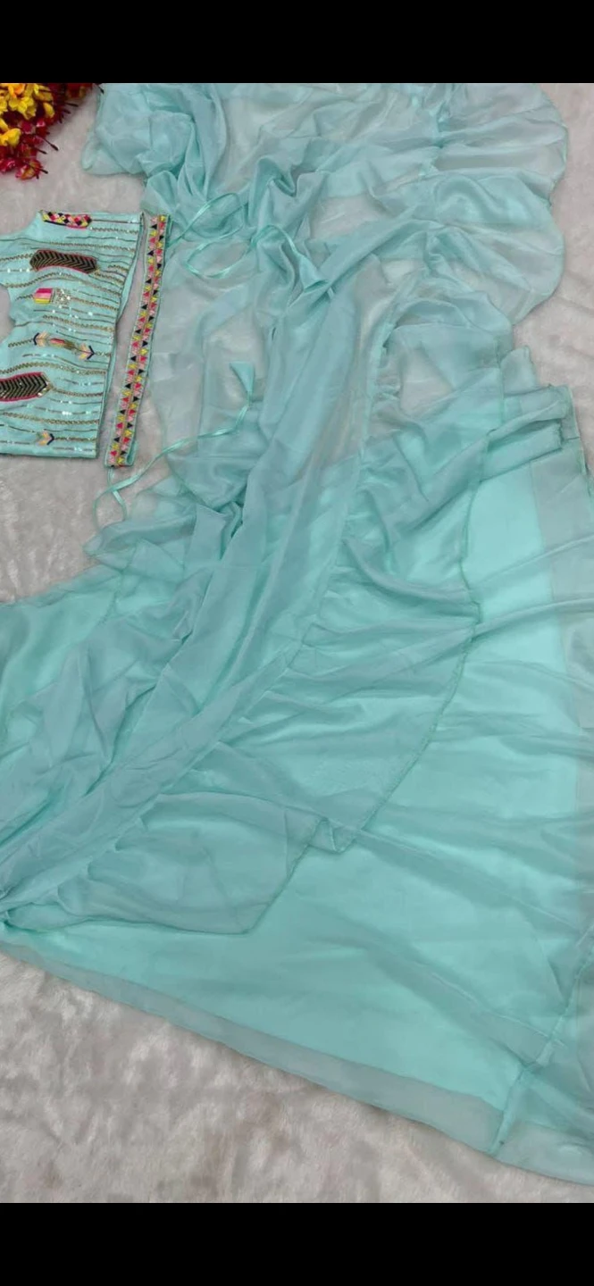 Light Blue lehenga Saree with Embellished Blouse - photo 3