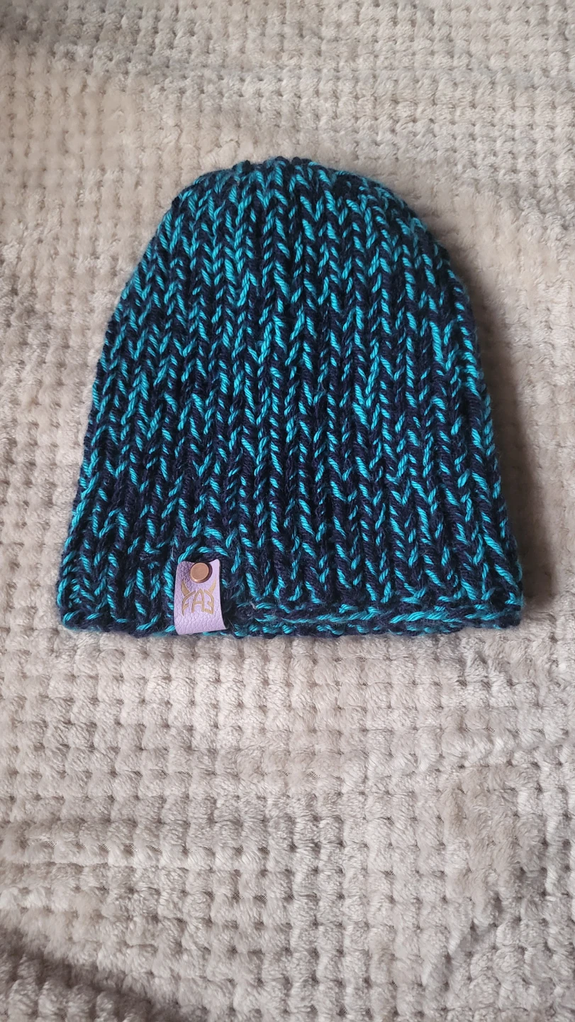 Handmade Chunky Knit Beanie - Teal and Black