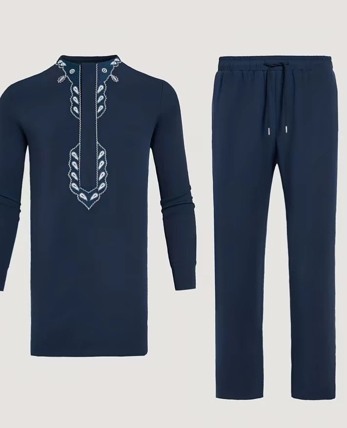 Men's Navy Blue Embroidered Tunic and Pants Set