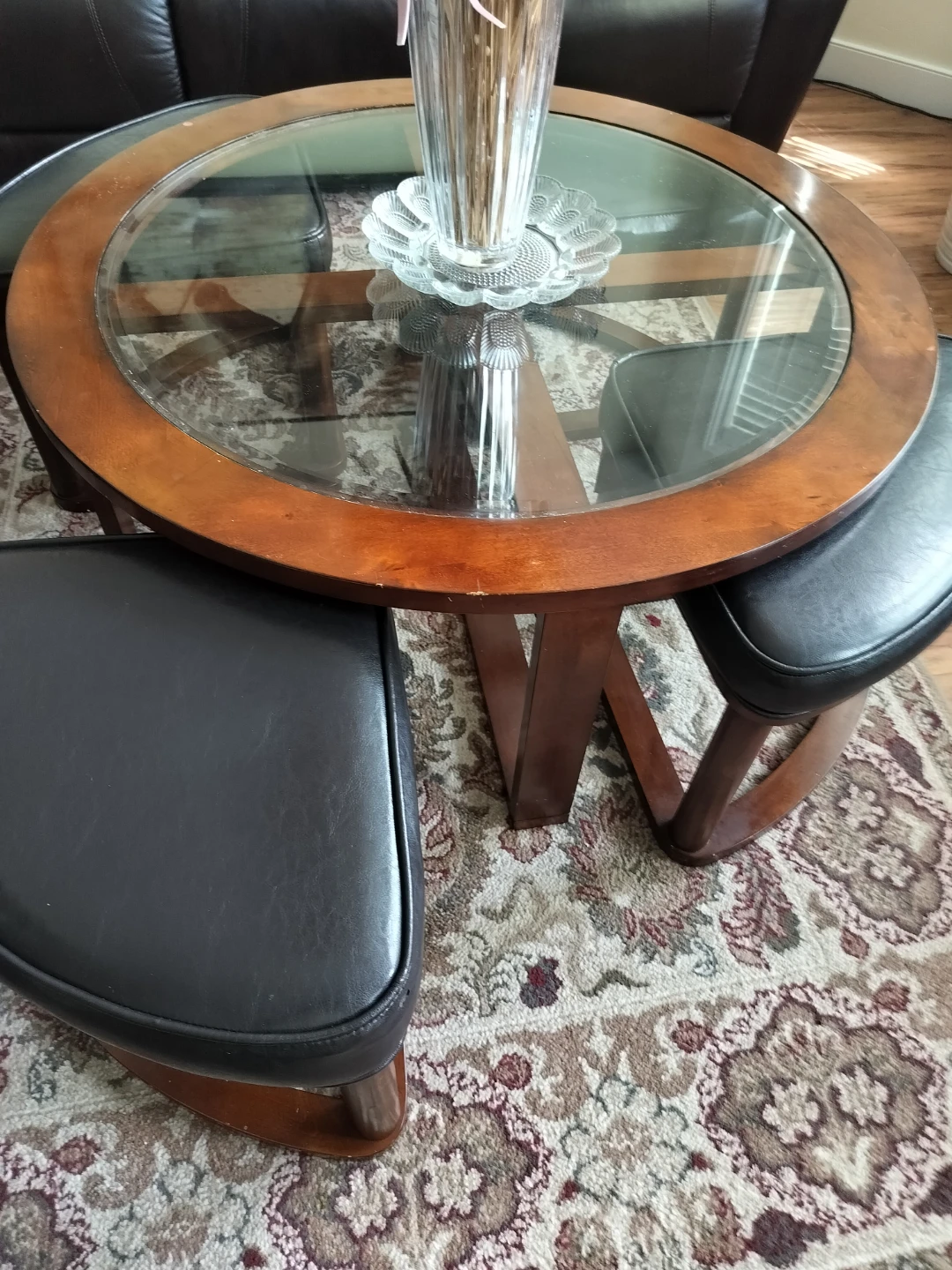 Round Glass and Wood Coffee Table with 2 Stools