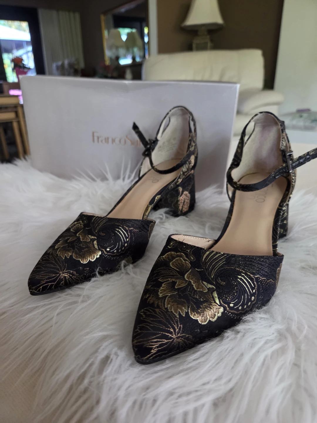 Franco Sarto Black & Gold Floral Heels