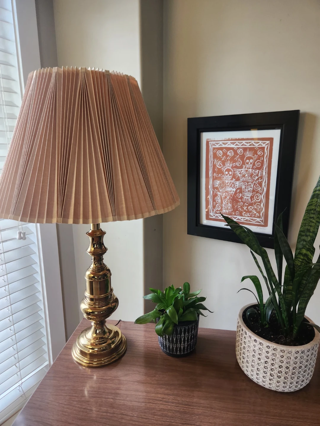 Vintage Brass Table Lamp with Pleated Shade