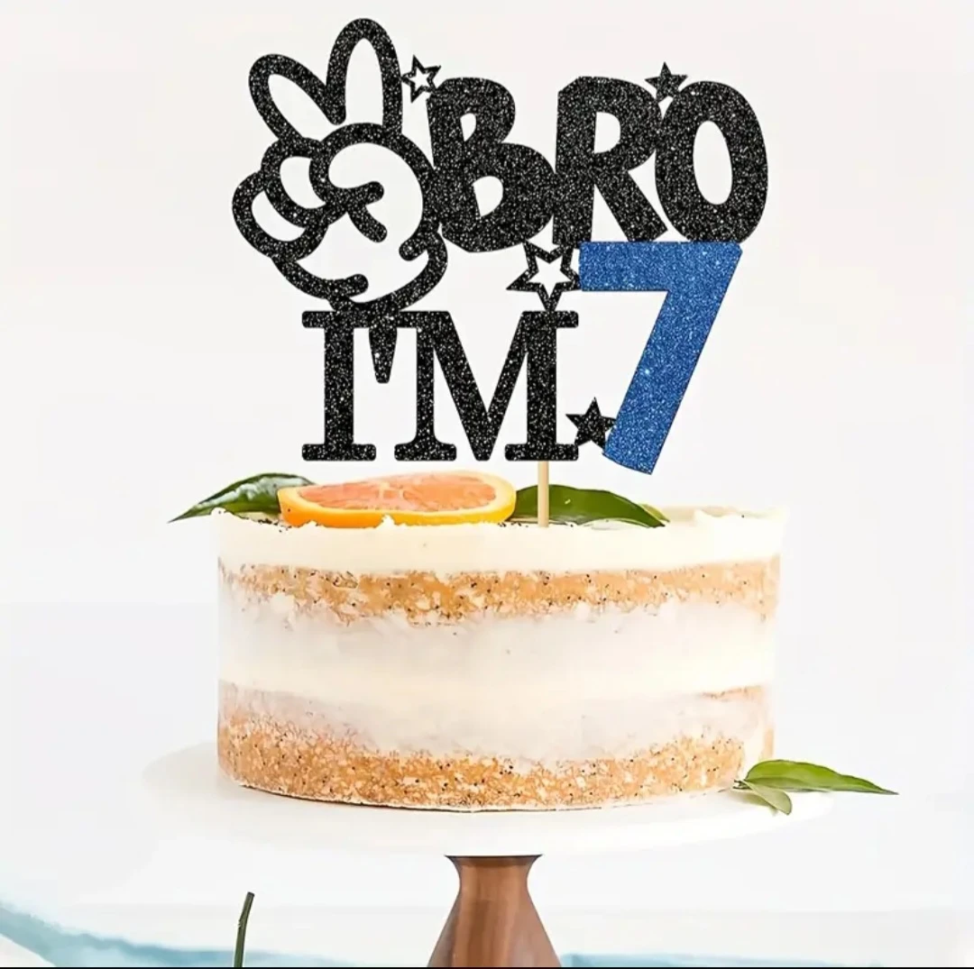 Bro I'm 7 Cake Topper Glittery Black and Blue