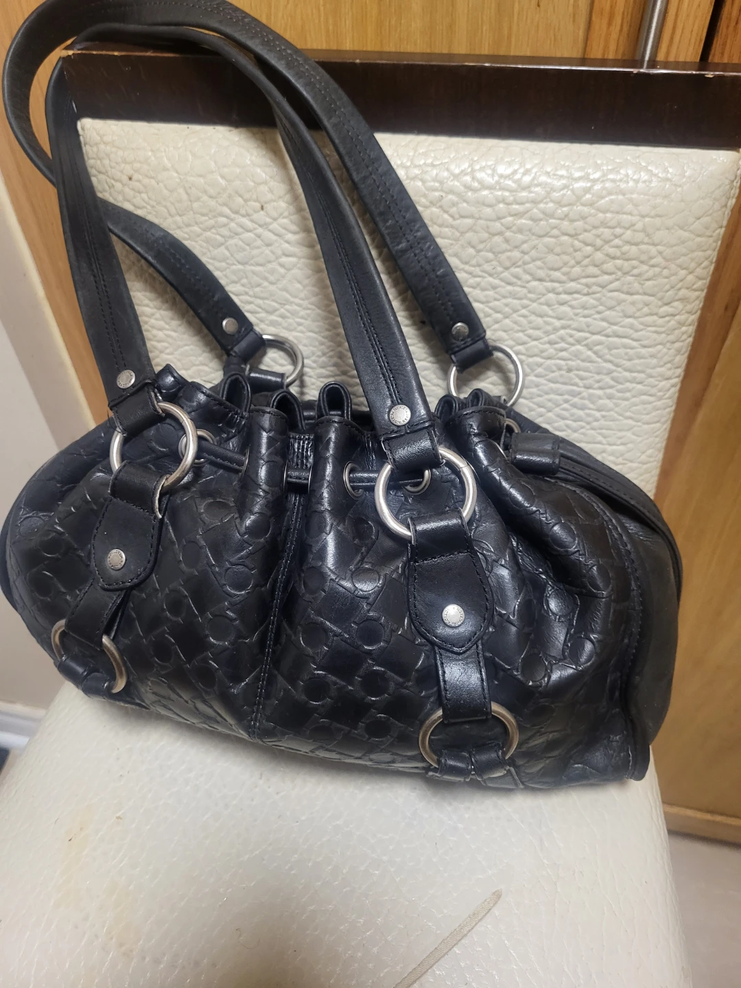 Black Leather Drawstring Shoulder Bag