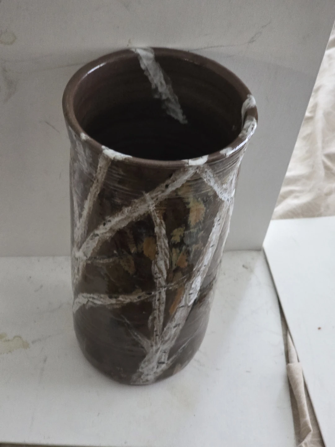 11" hand made vase with glaze featuring g burches