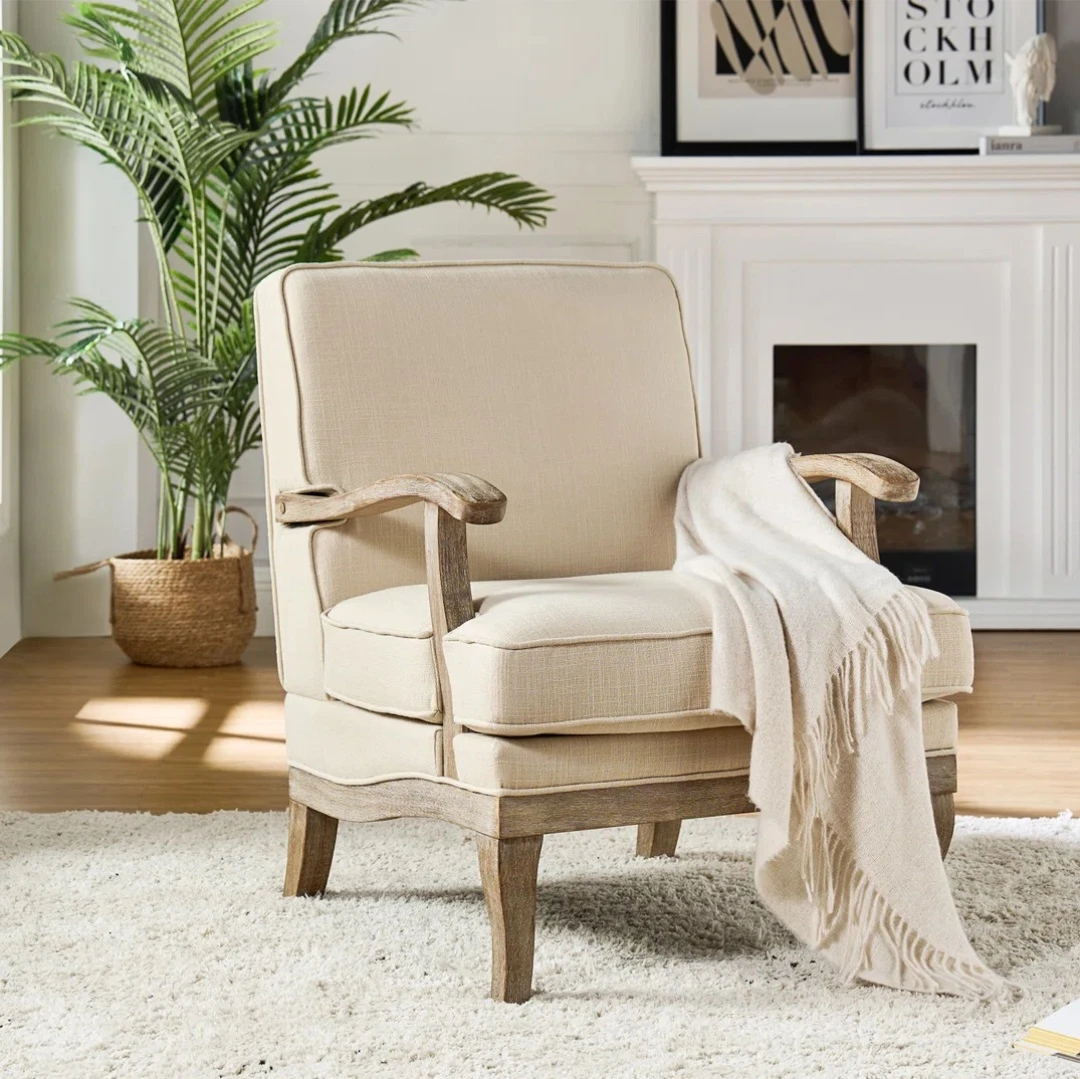 Beige Linen Accent Chair with Wooden Arms
