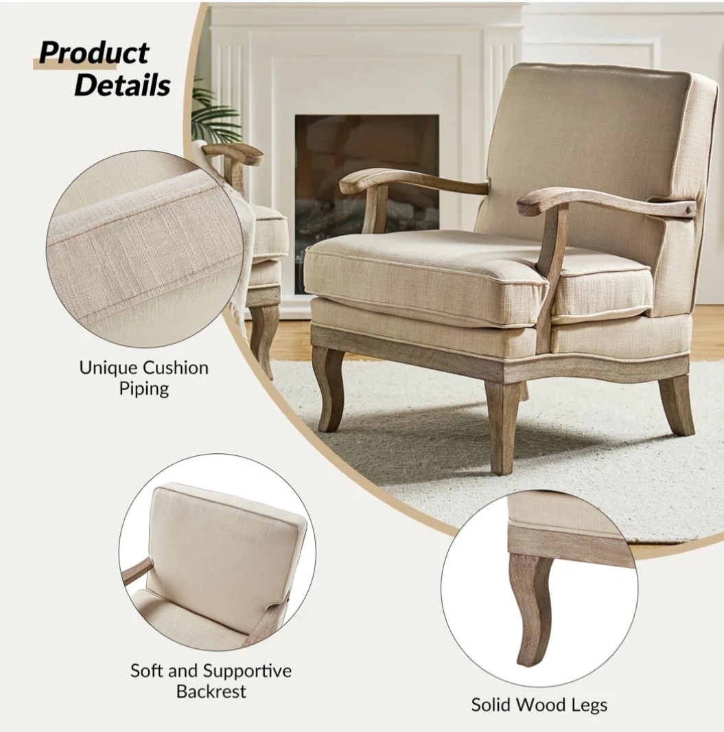 Beige Linen Accent Chair with Wooden Arms - photo 3