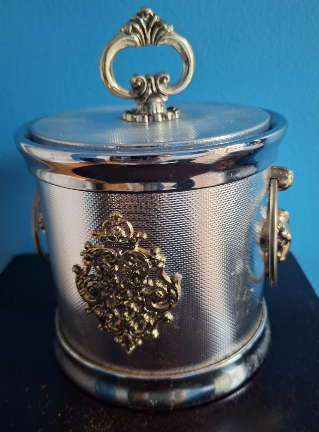Vintage Silver Tone Ice Bucket with Ram Head Detail