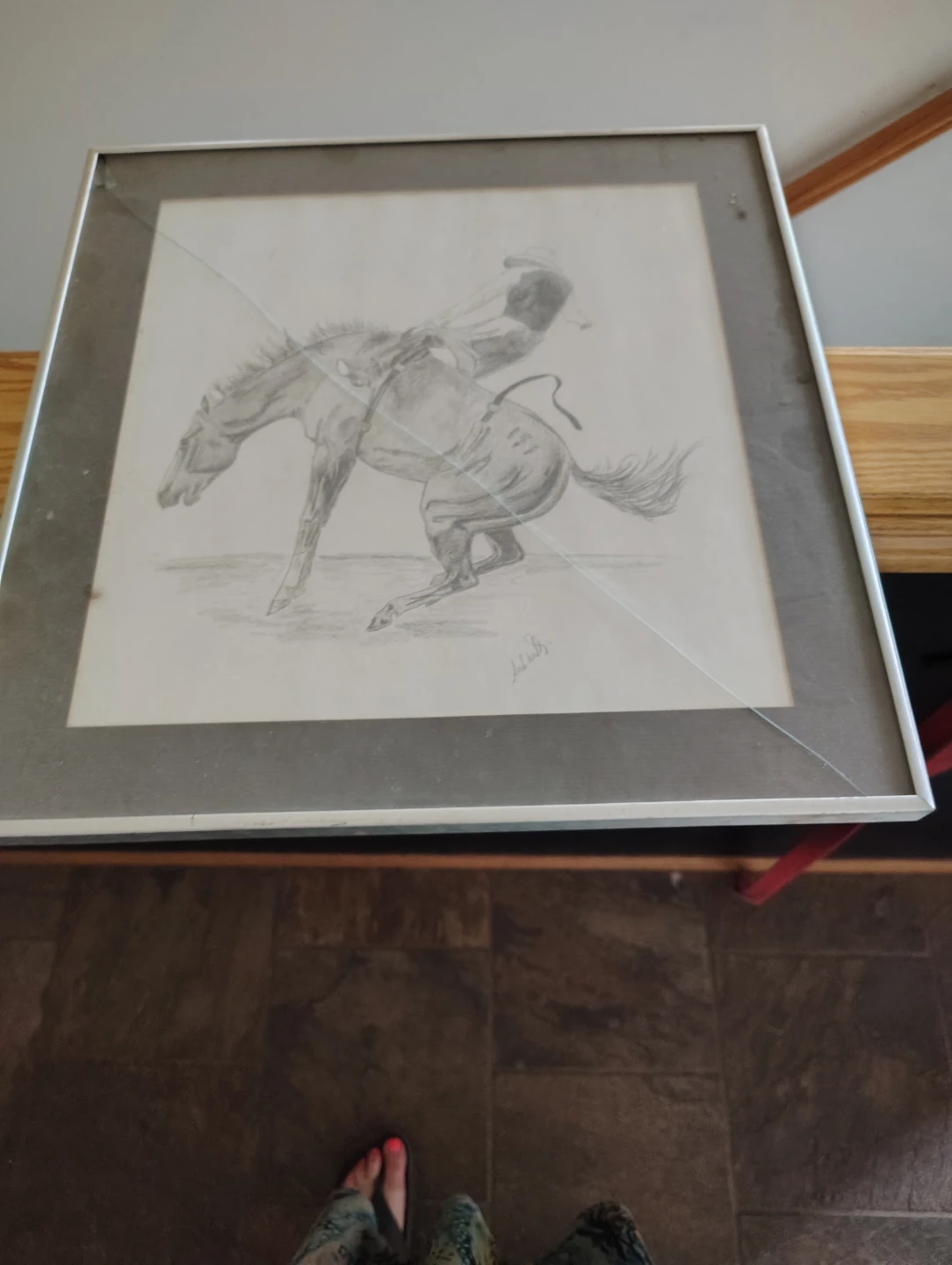 Framed Pencil Drawing of a Cowboy on a Bucking Horse - photo 3