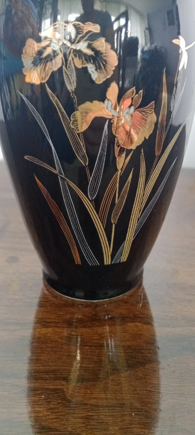 Vintage Black Ceramic Vase with Gold Iris Design - Made in Japan - photo 4