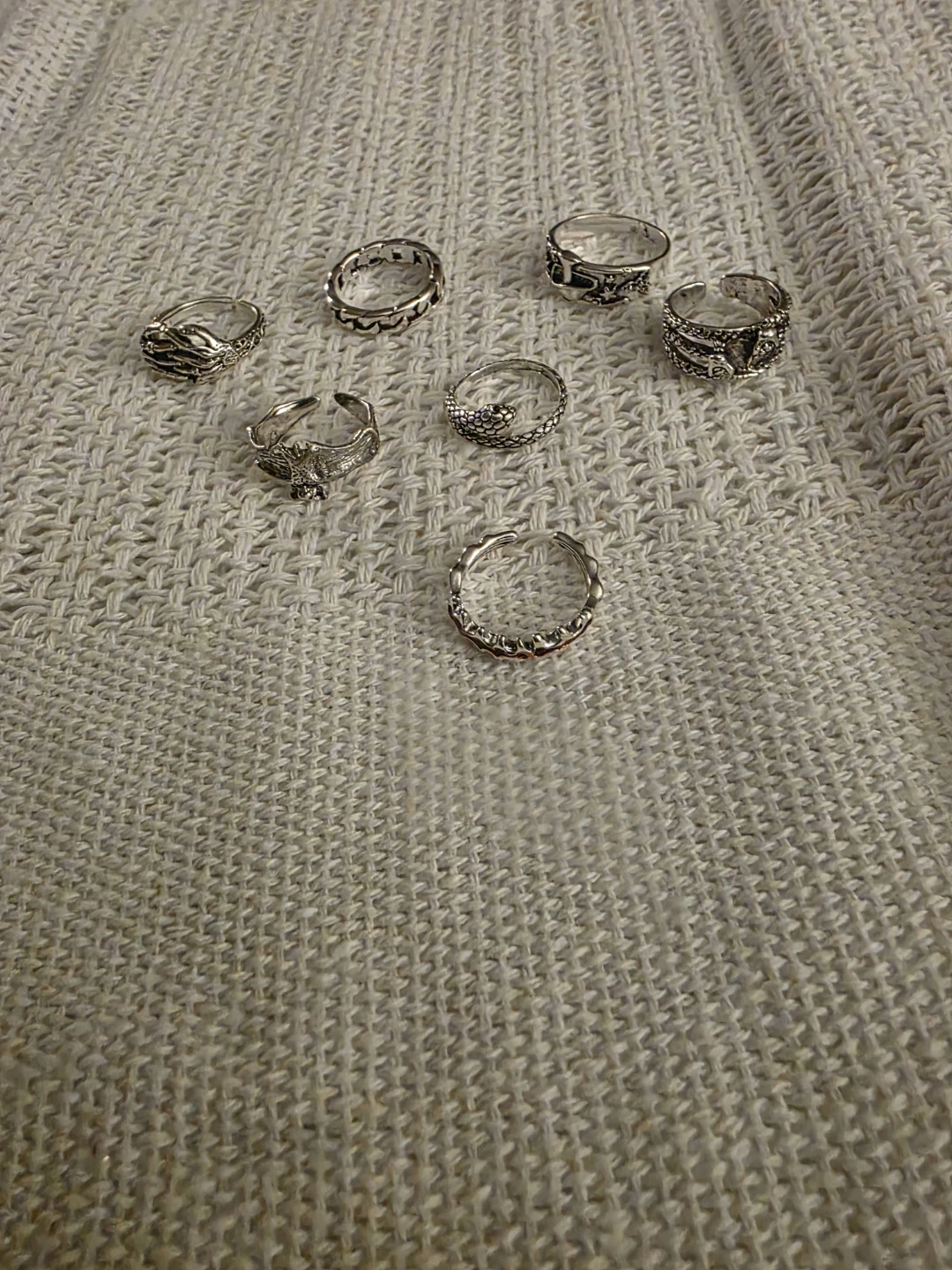 Set of 7 unique silver-tone adjustable rings