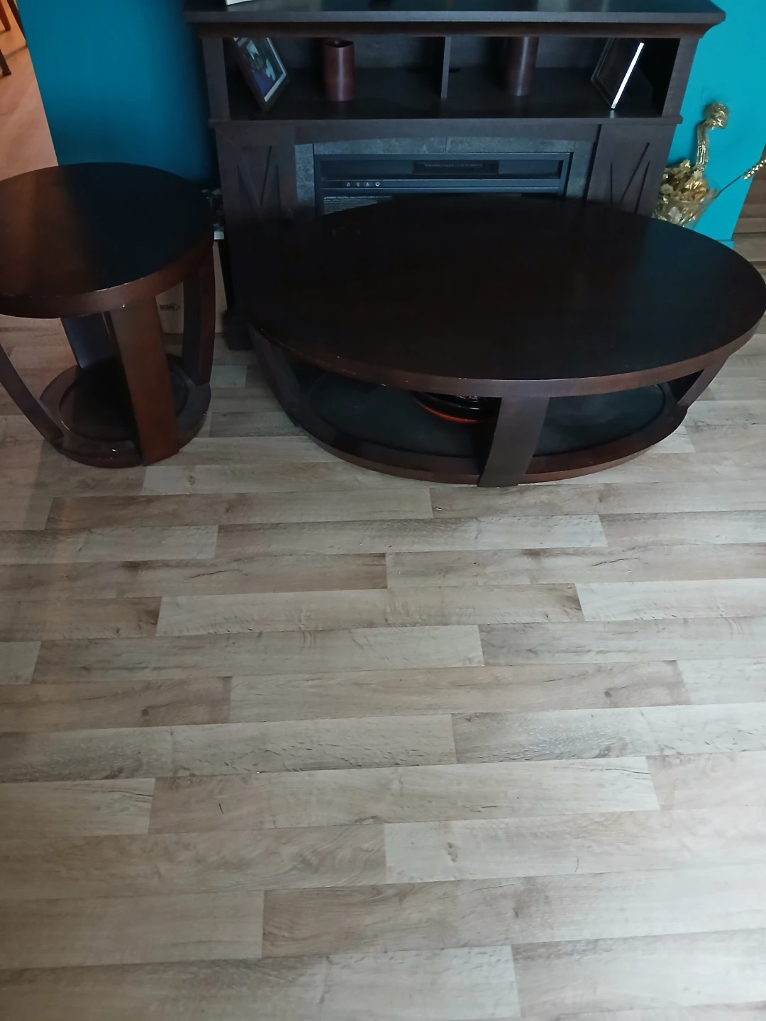 Dark Wood Round Coffee Table and End Table Set