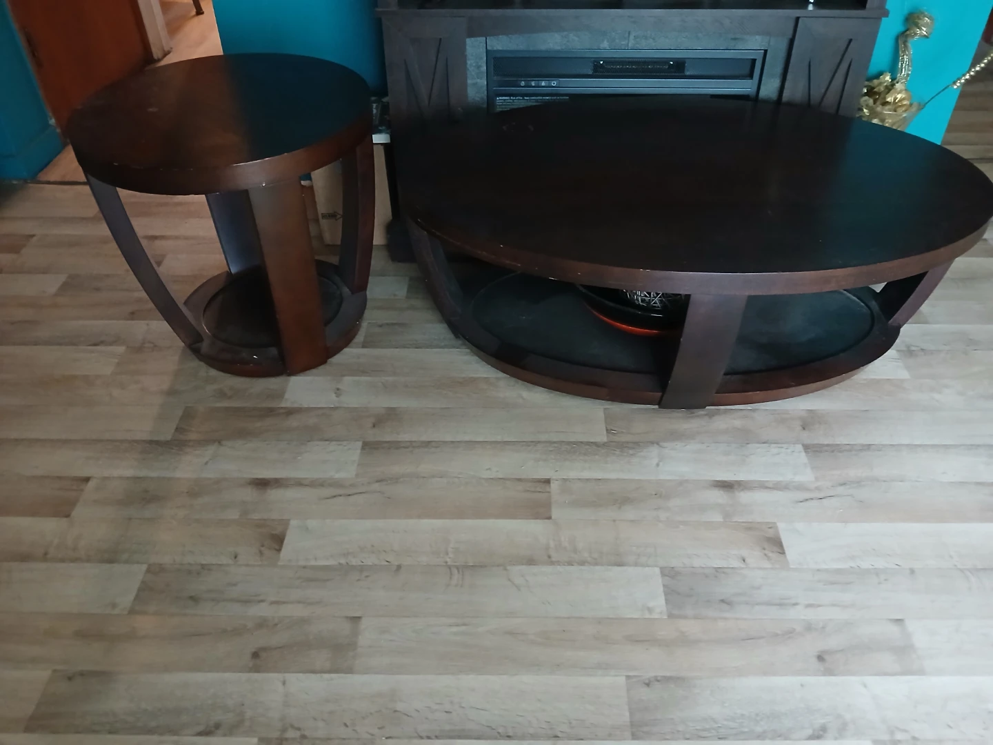Dark Wood Round Coffee Table and End Table Set - photo 2