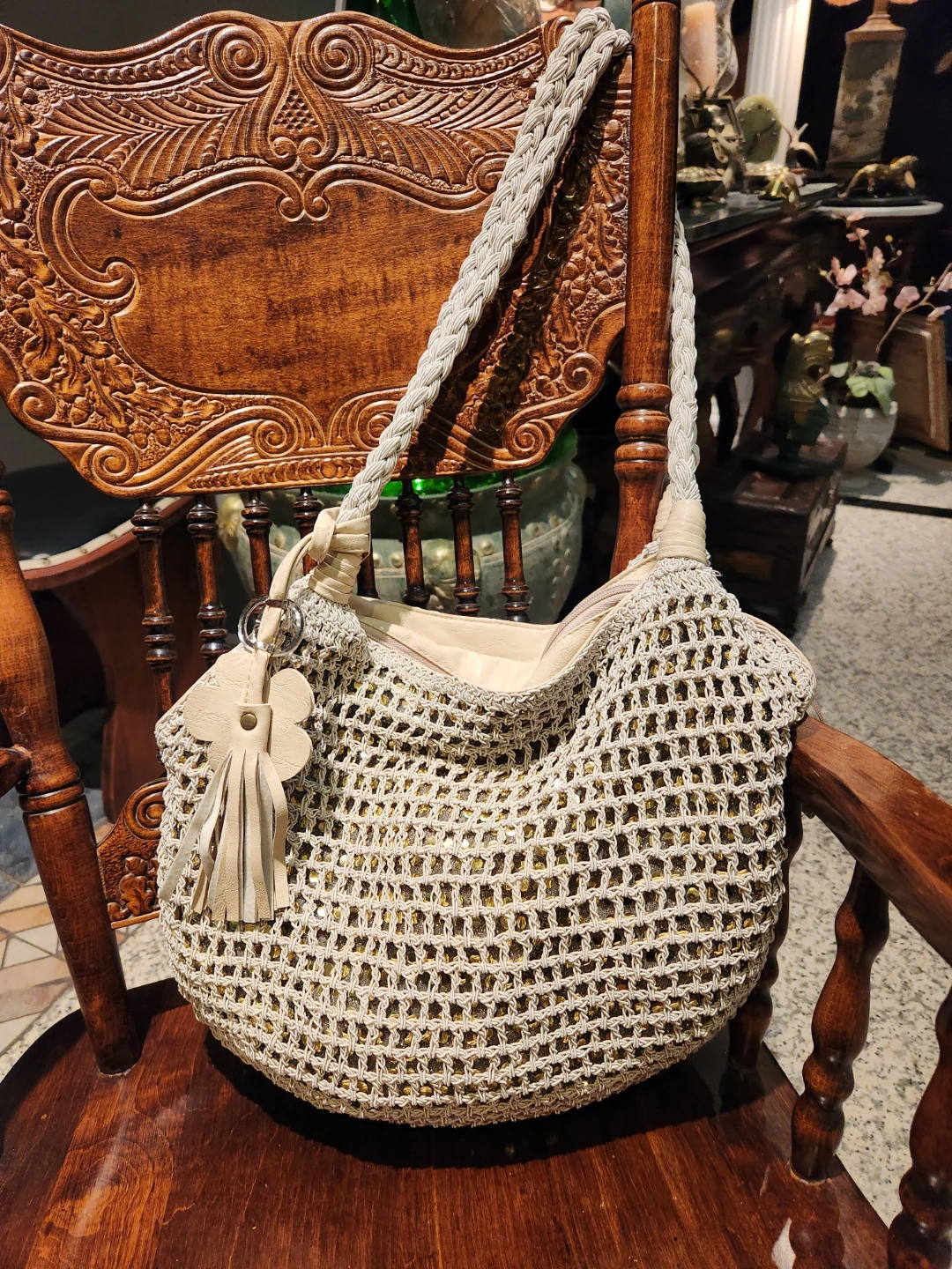 Beige Crochet & Faux Leather Shoulder Bag