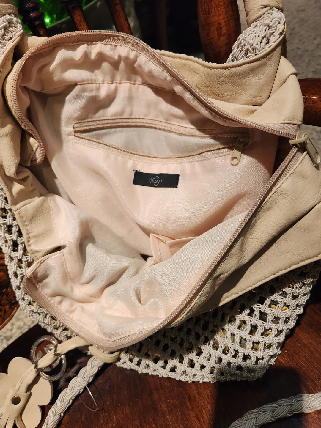 Beige Crochet & Faux Leather Shoulder Bag - photo 2