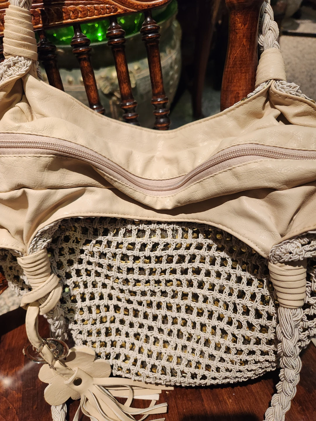 Beige Crochet & Faux Leather Shoulder Bag - photo 3