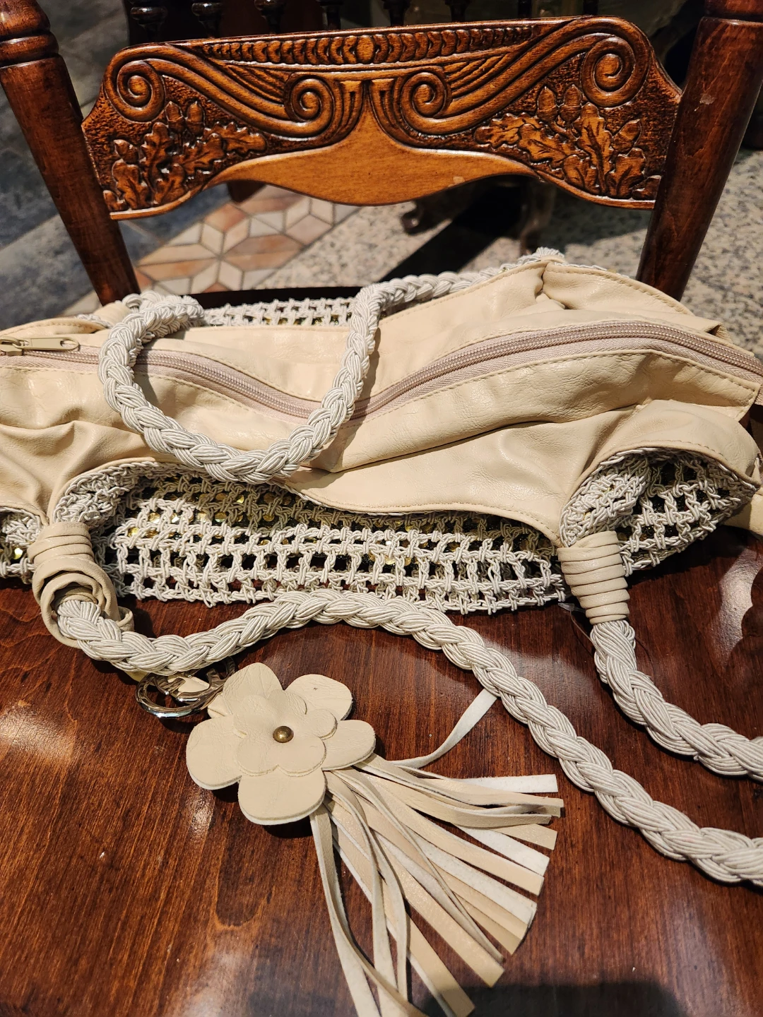 Beige Crochet & Faux Leather Shoulder Bag - photo 5