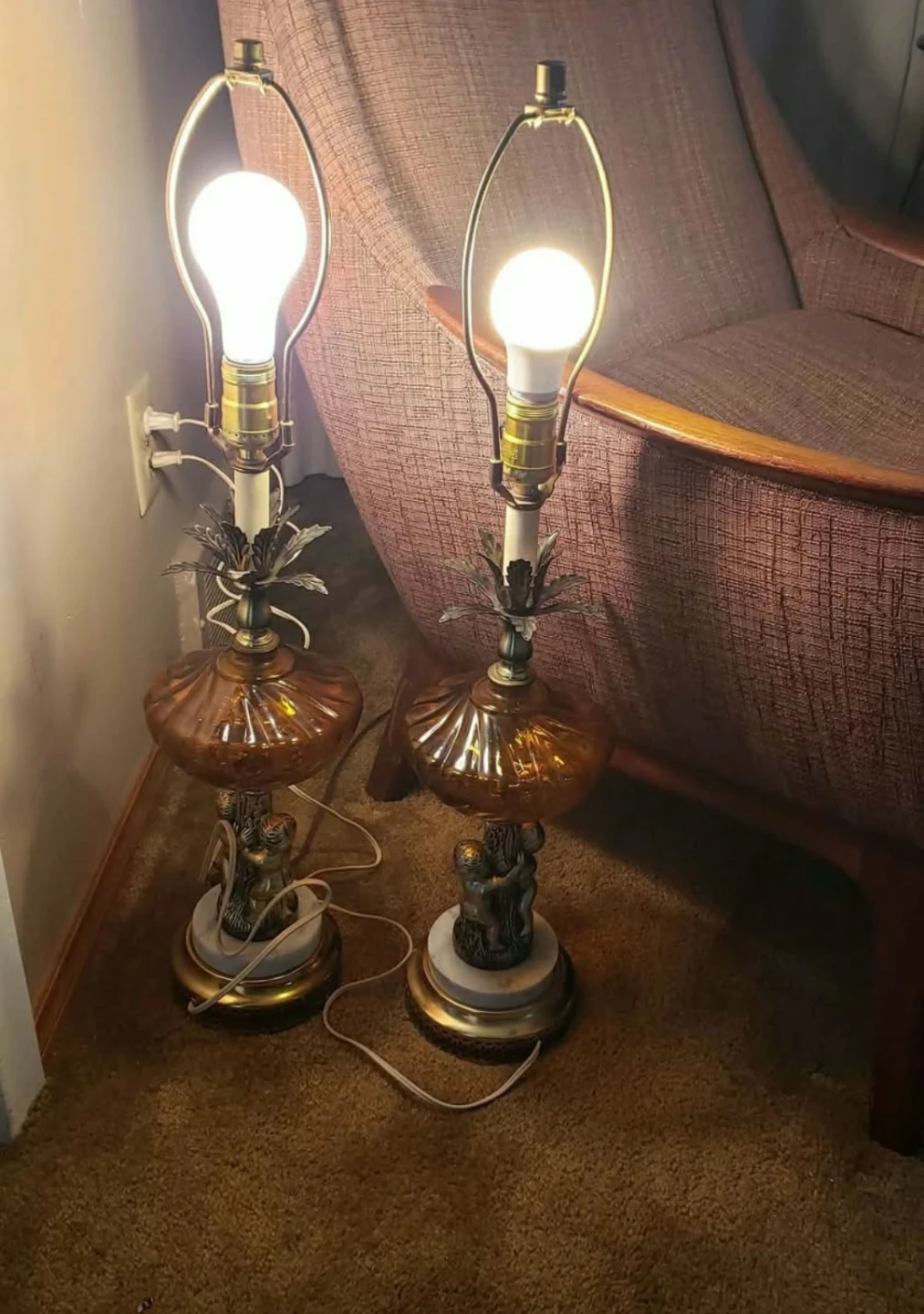 Vintage Amber Glass Table Lamps with Cherub Bases (Pair) - photo 2