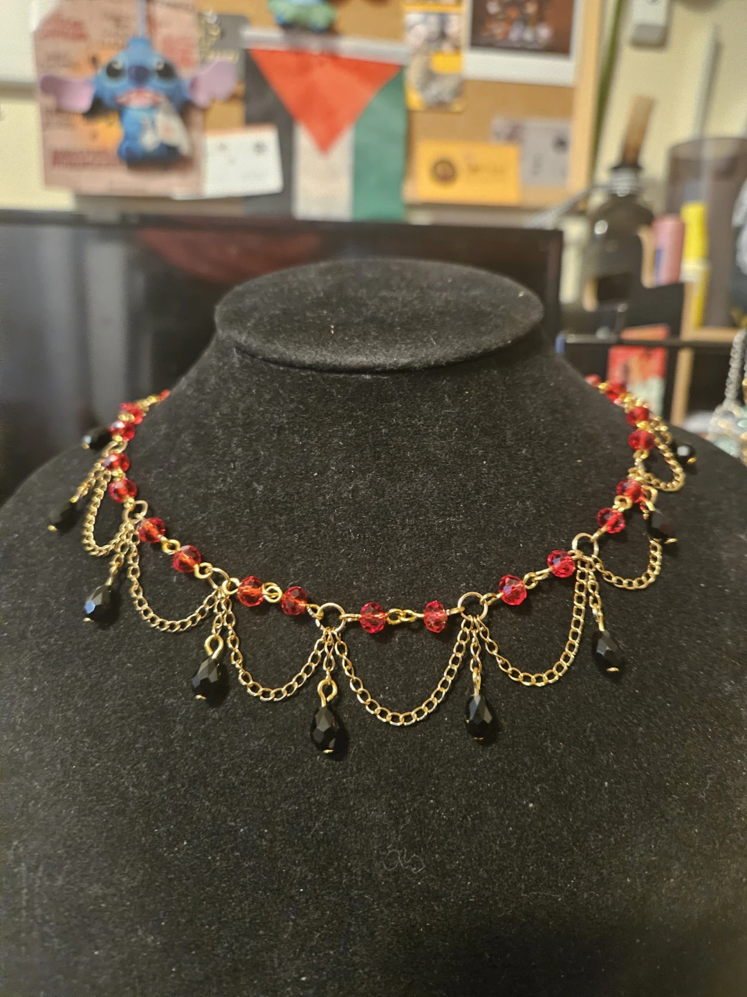 Gold-tone Choker Necklace with Red and Black Beads - photo 2