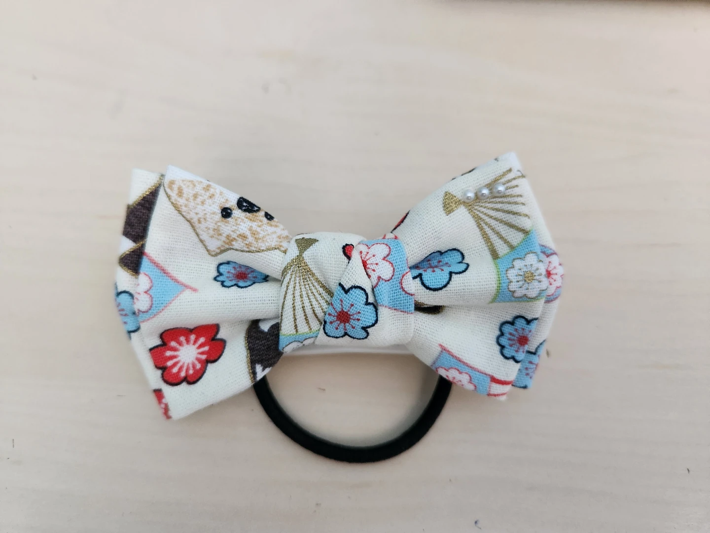 Hand Made Bow Hair Tie with Floral Fan Pattern