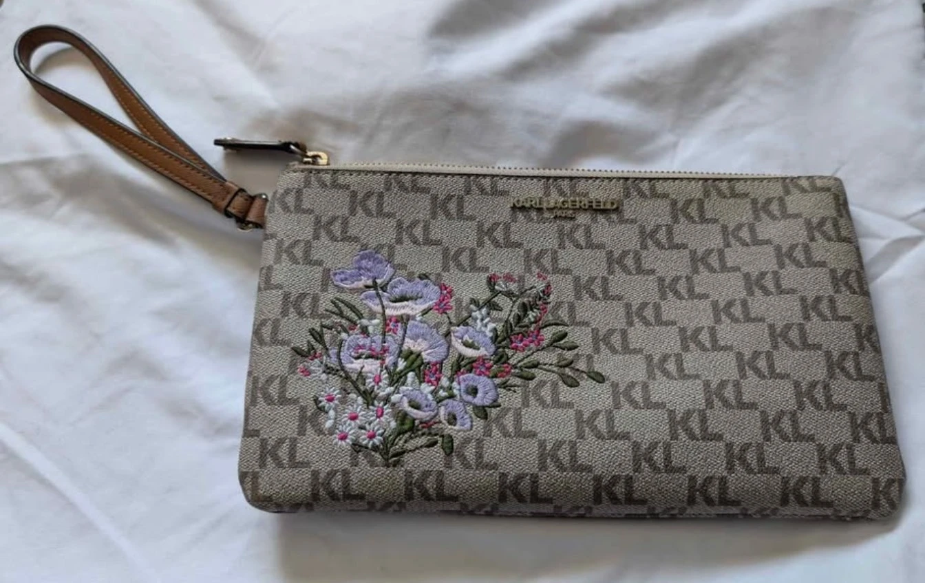 Karl Lagerfeld Paris Monogram Floral Embroidered Wristlet Clutch