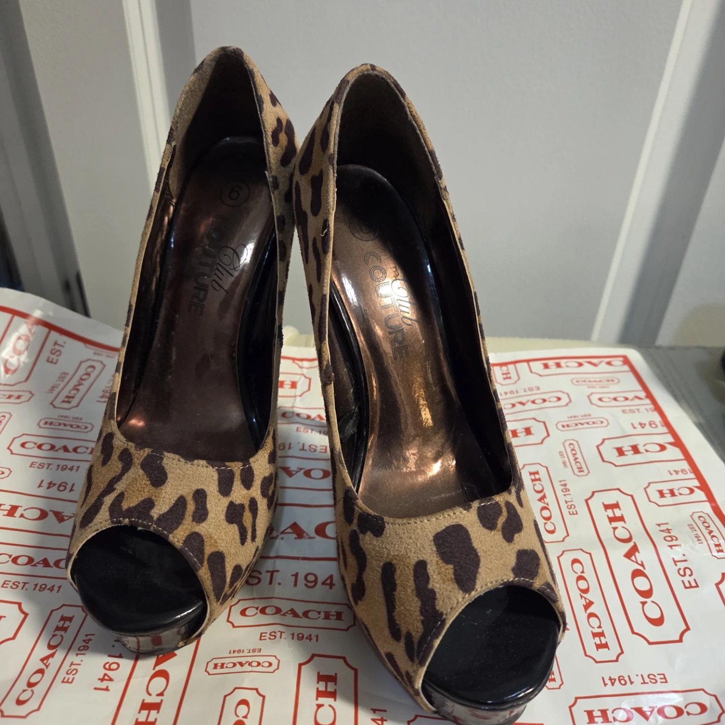 Leopard Print Peep-Toe Heels - Size 6