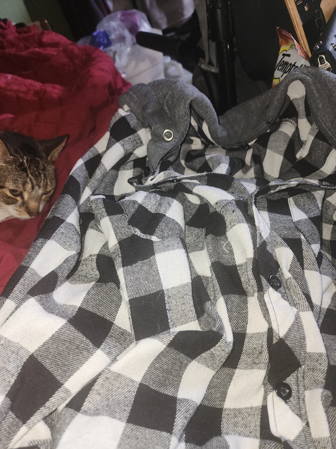 Black and White Plaid Button-Up Shirt with Hood