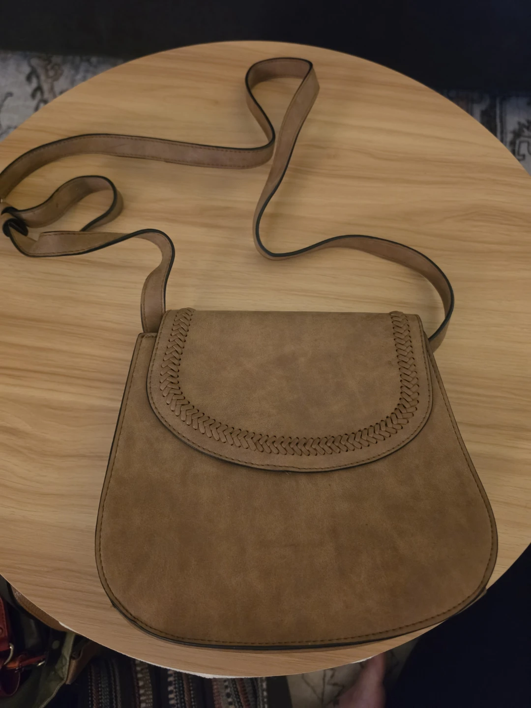 Brown Faux Suede Saddle Bag with Braided Detail