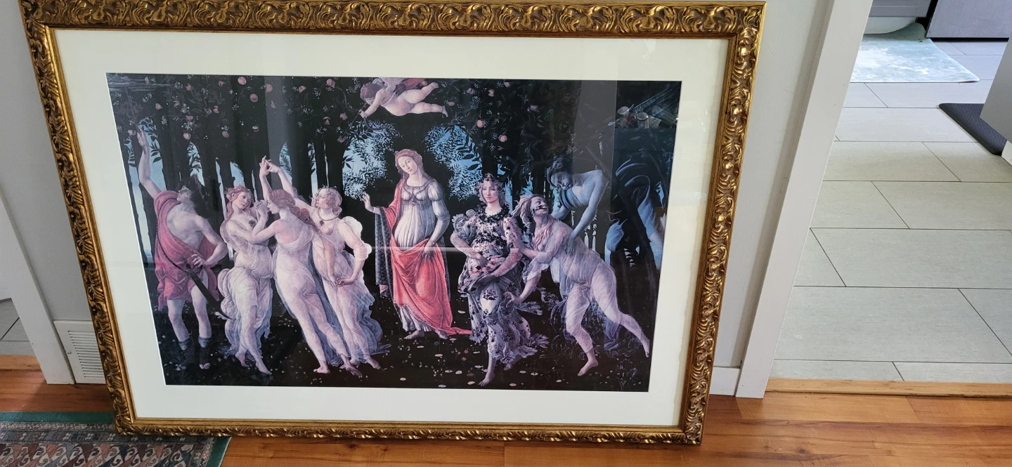 Large framed Botticelli Primavera print in ornate gold frame. - photo 2
