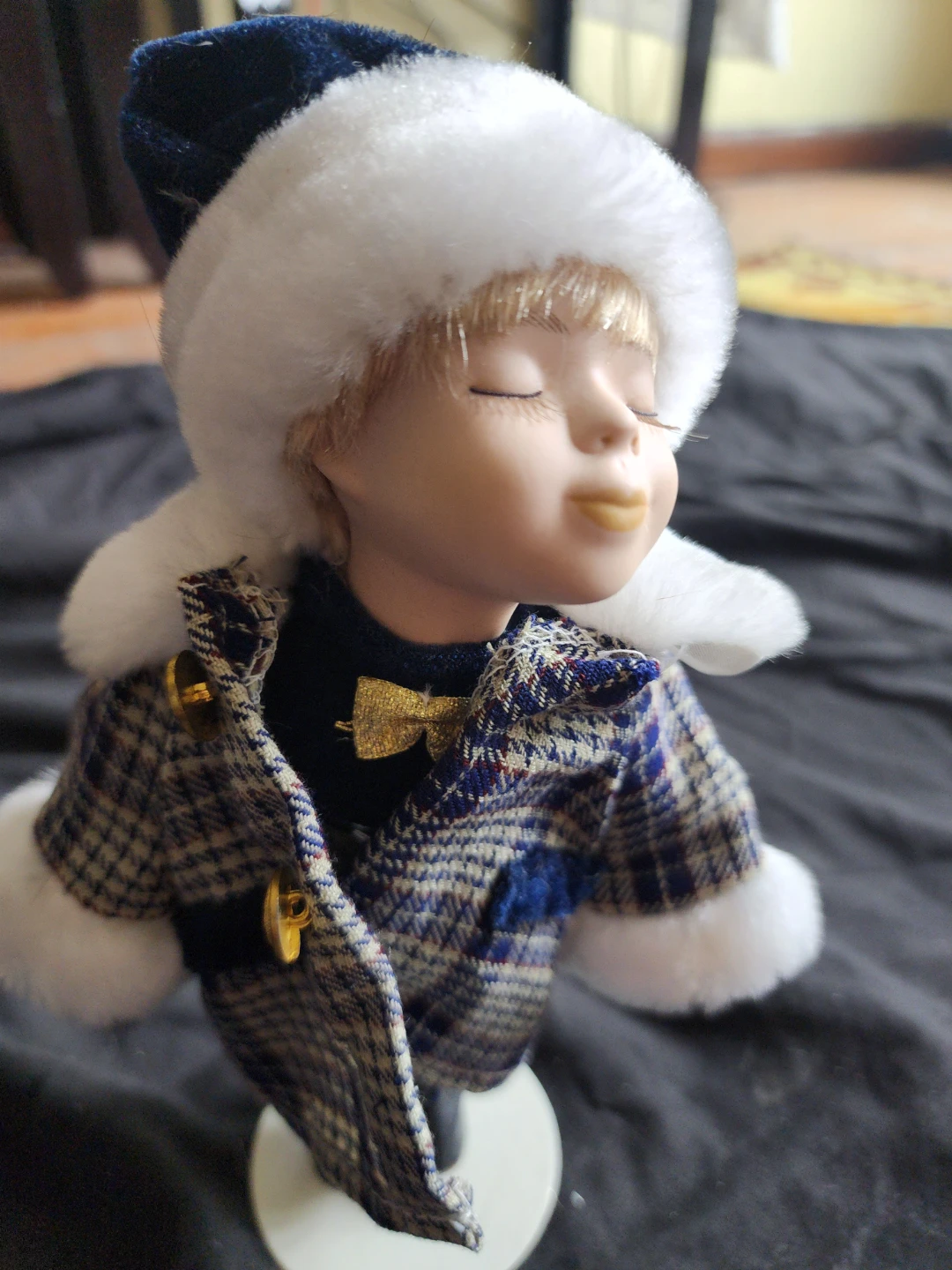 Porcelain Doll Bust with Winter Hat and Plaid Coat - photo 3
