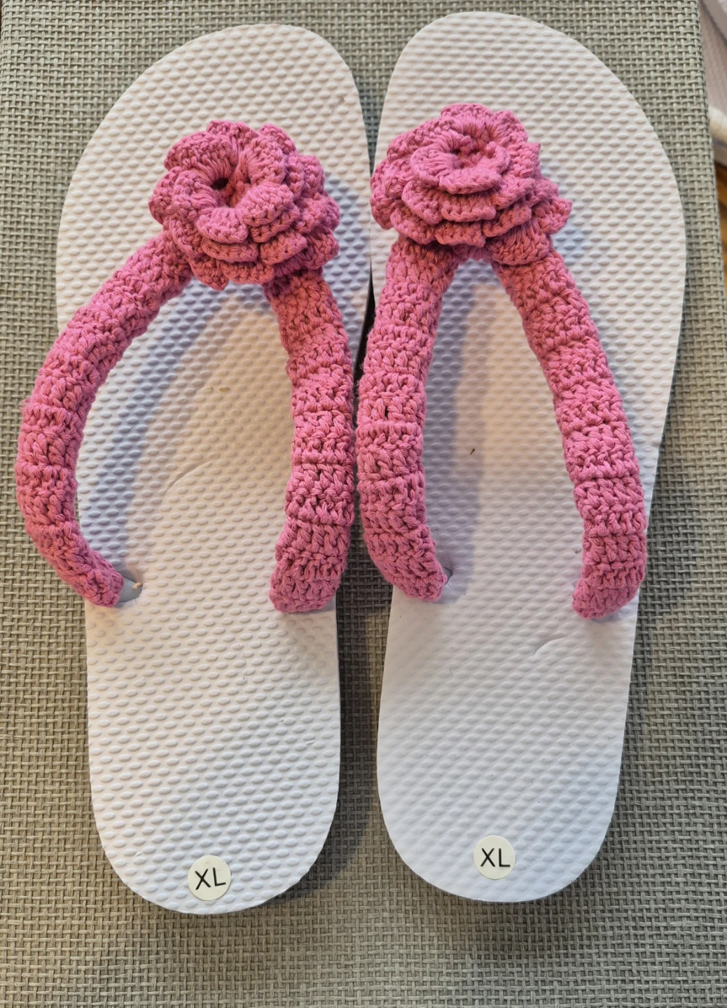 White Flip Flops with Pink Crocheted Flower Straps - Size XL